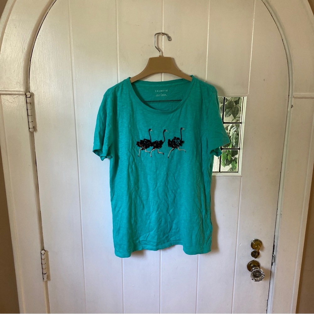 (1) Trendy Turquoise Blue Talbots Ostrich Sequence T-Shirt Women’s Size M